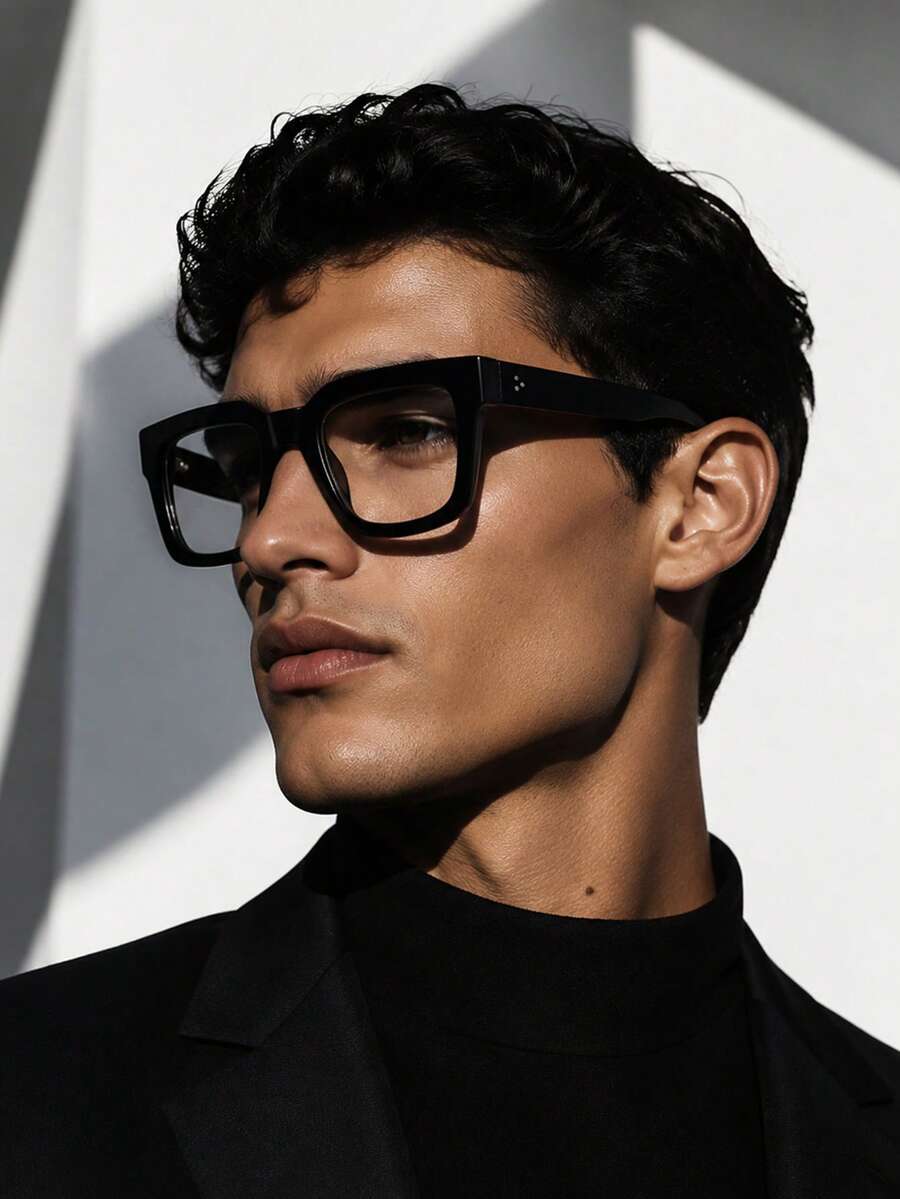 1 Pair Men's Plastic Square Minimalist Rivet Glasses, Personalized American College Style Casual Versatile Lightweight Elegant High-End Fashion Eyewear, Suitable For College Lectures, Graduation Defense, Workplace Training