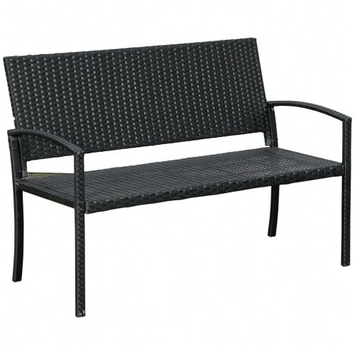 Poly Rattan Garden Bench, 2-Seater Park Bench With Steel And Wicker Frame, Black, W 122 X D 60 X H 87 Cm, For Garden And Patio - Black - View 1