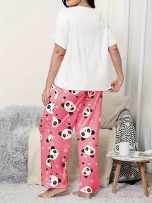 Plus Size Casual Comfortable Cartoon Print Short Sleeve Pink Bear Print Long Pants Women's Loungewear 2 Pieces Pajama Set - White - View 3