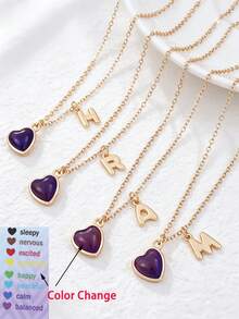 1 pieza Collar con colgante de corazón y letra inicial que cambia de color según el estado de ánimo, personalizado con encanto de alfabeto A-Z, sensible a la temperatura, regalo de joyería para el Día de San Valentín - Multicolor - Ver 2