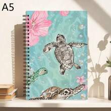 1 Spiral Bound Notebook, Printed With Watercolor Turtle And Hibiscus Flower Pattern, Pink Floral Ocean Style, A5 Lined Pages; Ideal For School/Office Supplies, Also A Great Gift For Marine Life Enthusiasts. - Ocean Series - View 13