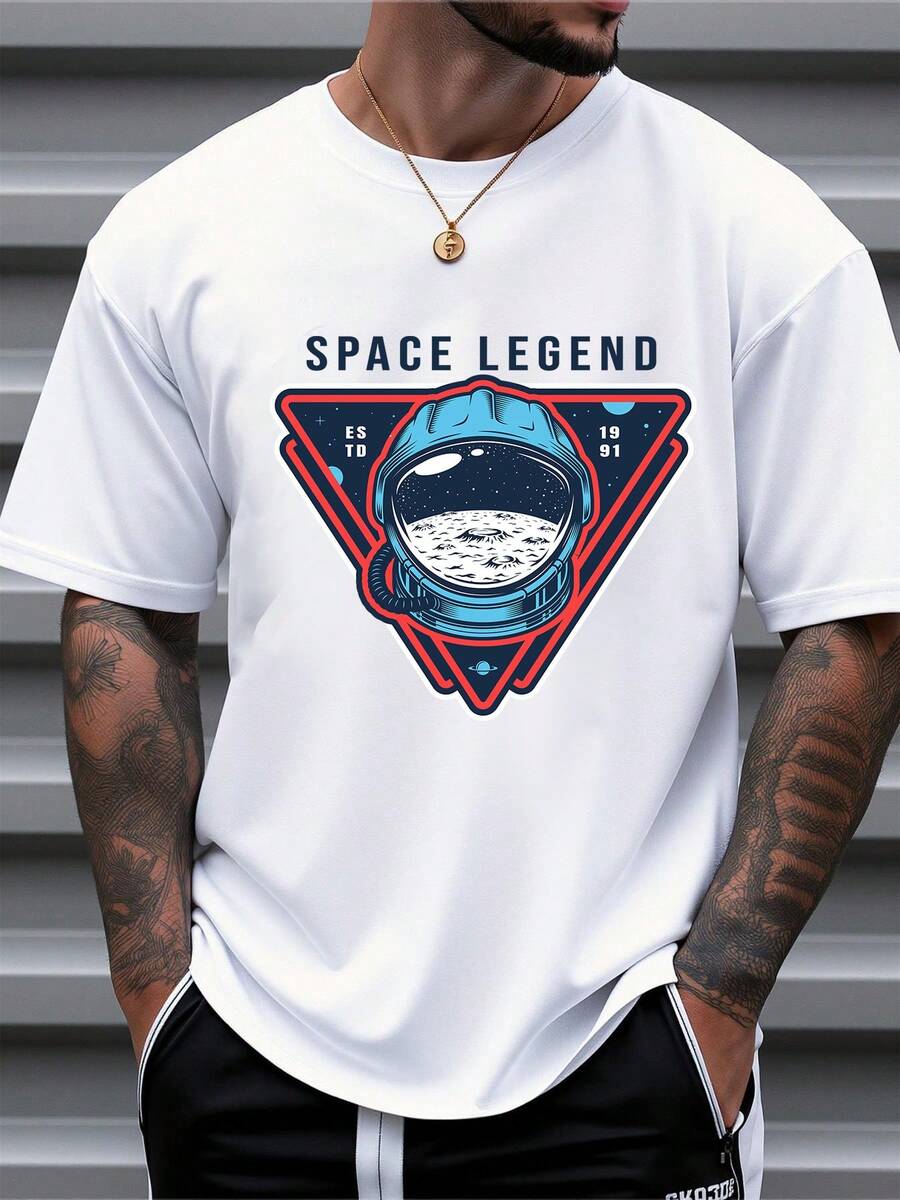 Herren Kurzarm T-Shirt aus reiner Baumwolle mit Astronauten-Muster Space Legend Grafik-T-Shirt Lässig Oversized Top - Weiss - Übersicht 1