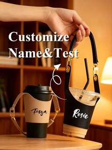 Customizable Text Leather Cup Sleeve, Made Of High-Quality Faux Leather Material, Features Adjustable Elastic Design, Fits Various Sizes Of Milk Tea Cups, Coffee Cups And Insulated Cups - Multicolor - View 1