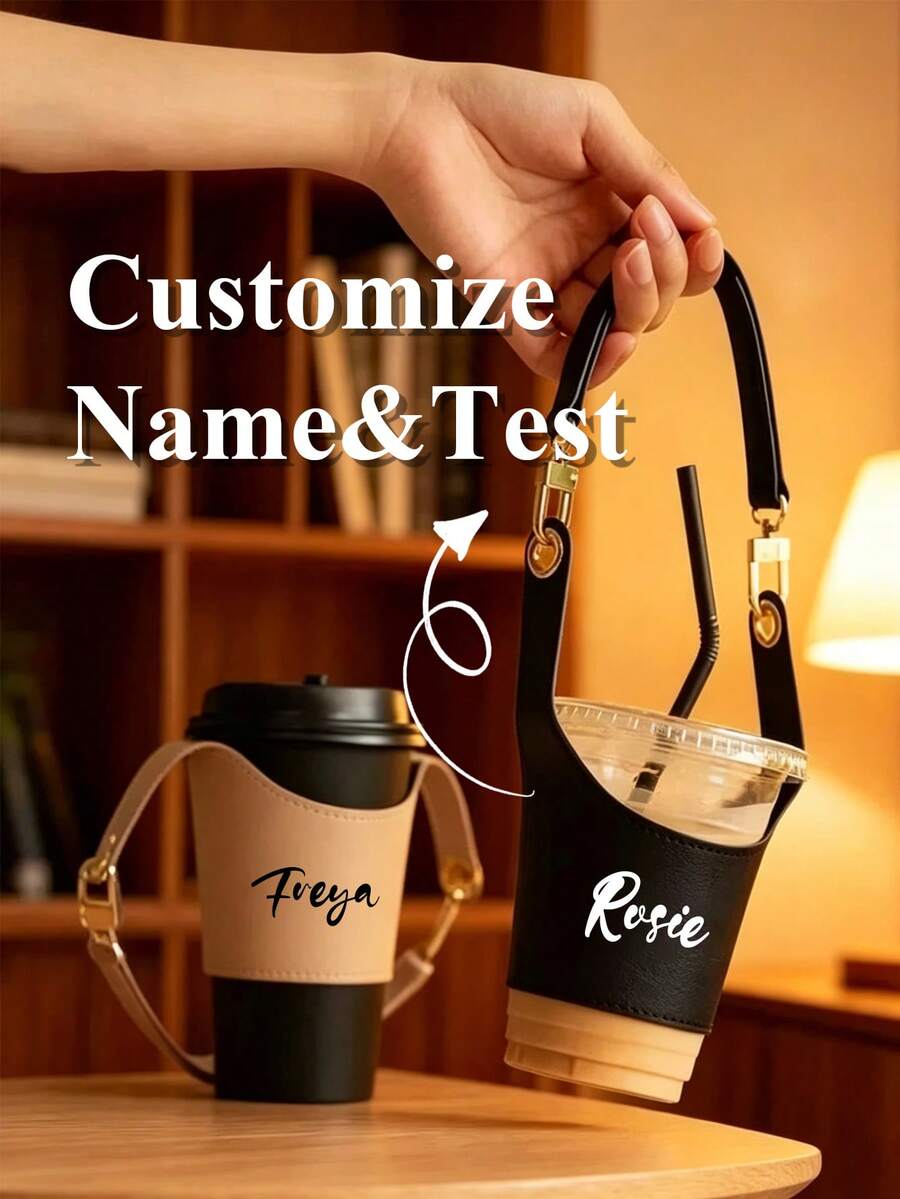 Customizable Text Leather Cup Sleeve, Made Of High-Quality Faux Leather Material, Features Adjustable Elastic Design, Fits Various Sizes Of Milk Tea Cups, Coffee Cups And Insulated Cups - Multicolor - View 1