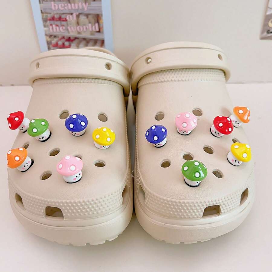 12pcs Cute 3D Mushroom Character Shoe Charms, DIY Shoe Accessories, Multi-Functional Shoe Clips For Garden Shoes, Sandals, Slippers, Beach Bags, Perfect Birthday Party Gift - Multicolor - View 1