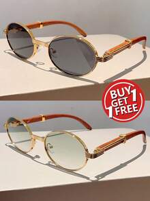 New Retro Oval Frame Fashion Glasses Design Fashion Glasses With Faux Wood Grain Temples - c2c5 金框灰片+金框漸層綠片 - 查看 3