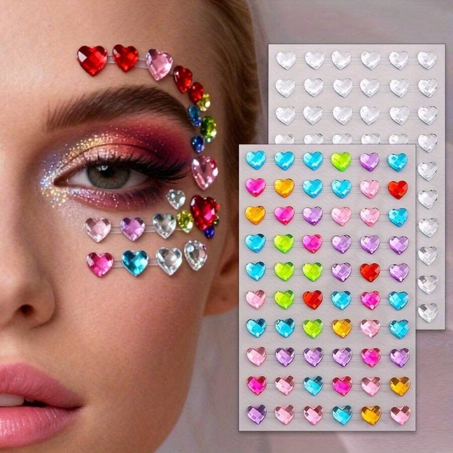 2 piezas de pegatinas de strass 3D para la cara, patrón de corazón con ojo rasgado, colores brillantes, decoración de maquillaje para fiesta, duraderas, estilo Y2K, para Navidad, San Valentín y festival de música, decoración con brillo para cara, Body, uñas y cabello - Multicolor - Ver 1