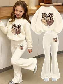 Tween Girl Heart Print Crew Neck Long Sleeve Sweatshirt And Flare Pants Casual Set - Apricot - View 1