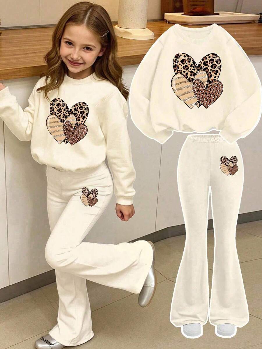 Tween Girl Heart Print Crew Neck Long Sleeve Sweatshirt And Flare Pants Casual Set - Apricot - View 1