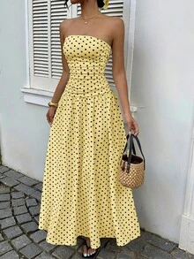 Vestido de cintura alta con estampado de lunares , estilo vacacional - amarillo ganso - Ver 1