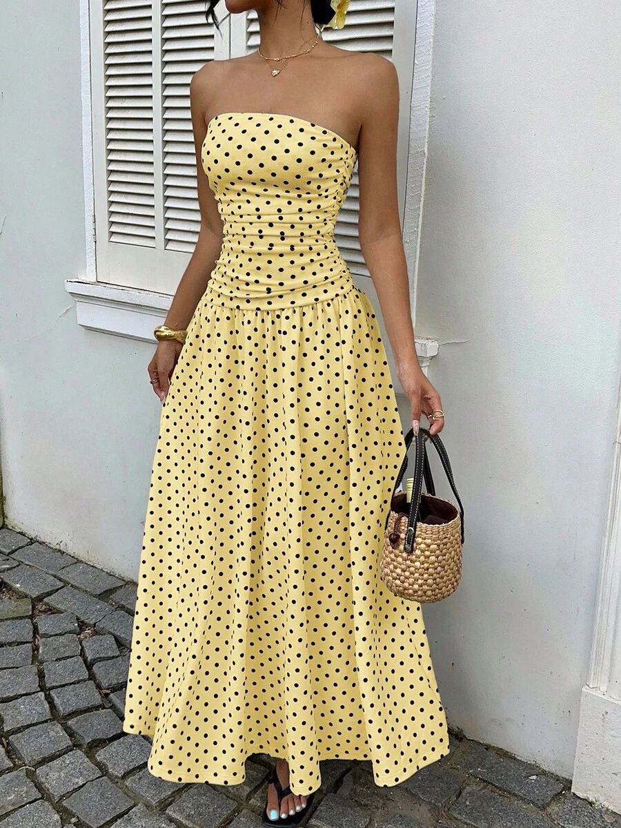 Vestido de cintura alta con estampado de lunares , estilo vacacional - amarillo ganso - Ver 1
