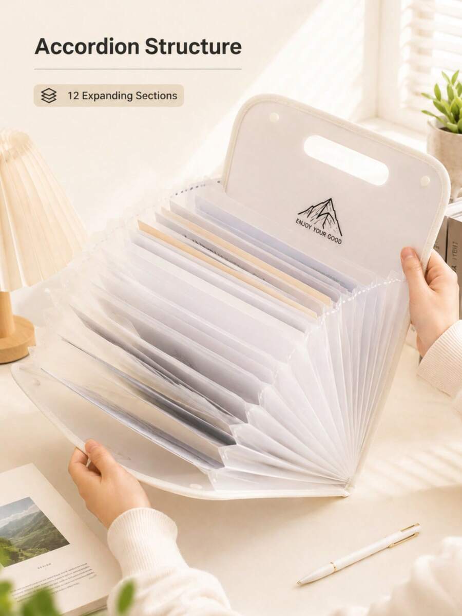 1pc Minimalist Portable 12-Pocket Expanding File Organizer, Solid Color Design With Colorful Index Tabs & Cutout Handle, PP A4 Document Storage Folder For Office, School, Study & Home Use,Back To School - Multicolor - View 1