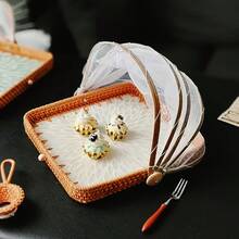 1pc Handwoven Rattan Food Serving Tray With Foldable Mesh Food Cover, Decorative Floral Inlay Wicker Fruit Bread Basket, Breathable Net Dome Tent Fly Proof Dish Platter For Picnic, - Fly Shield - View 3