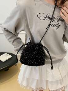 Women's Drawstring Mini Crossbody Bucket Bag, Diamond Quilted Pattern, Daily & Outdoor Use - Black - View 5
