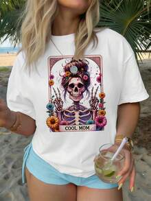 Cooles Mama-T-Shirt With Skelett- Und Blumenmuster, 100 % Baumwolle, Kunstdruck, Street-Hip-Hop-Stil, Atmungsaktiv - 白色 - 查看 1