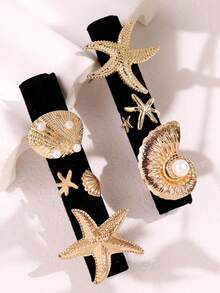 6pcs Bohemian Vintage Fashion Unique Personalized Exaggerated Pearl Shell Starfish Women's Ring Set, Suitable For Summer Commute, Beach Vacation, Women's Jewelry - Multicolor - View 6