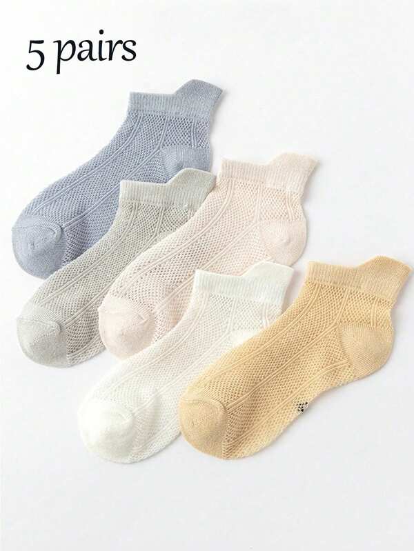 5 pares de calcetines cortos delgados para niños primavera/verano, calcetines de malla transpirables de unicolor simples y versátiles, calcetines cortos de tobillo para niños y niñas, adecuados para uso diario, deportes y escuela