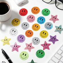 500pcs Holographic Star & Smiling Face Roll Stickers, Round Smiling Face Holographic Stickers, Self-Adhesive Labels For Teachers, Parents, School, Learning, Training, Party, Birthday, Motivation, Encouragement, Gift Decoration, Stationery Stickers - Cartoon - View 4