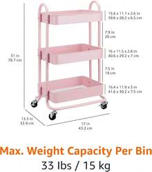 Charcoal 3-Tier Rolling Kitchen Cart With Wheels Storage Trolley For Home Office Bathroom Organization - Dusty Pink - View 5