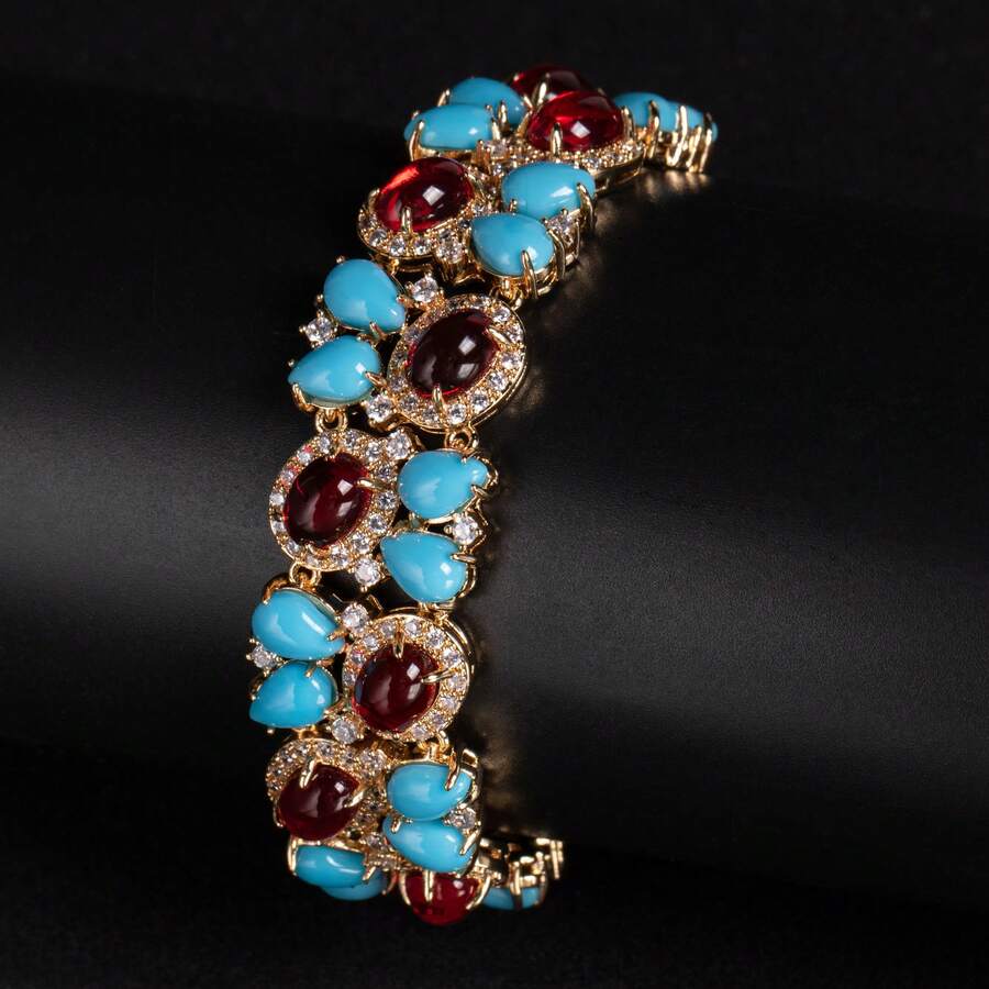 1pc 19.5cm Vintage Bohemian Style Cuff Bracelet, Double Layer Design, Detachable Extender Clasp, Adjustable Length, Turquoise Inlaid, Suitable For Women's Casual Daily And Banquet Wear Jewelry, Gift