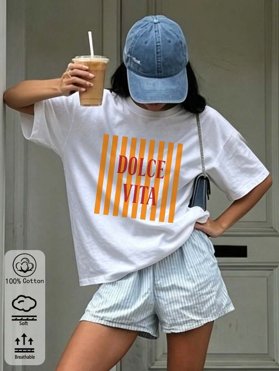 Sweet Design Round Neck Striped T-Shirt For Women, 1 Piece Custom Plus Size Basic Style Unisex Best Friend Outfits Teen Style Soft - Putih - View 1