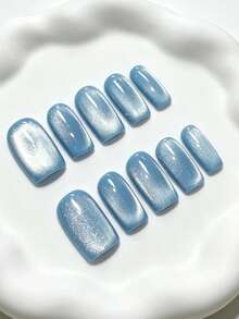 Shecass 10pcs High-Quality Square Handmade Nails Press On Nails Blue Nails Cat-Eye Nude Nails Y2K Style Summer Nails, Daily Wear, Graduation, Travel, Holidays, Gifts Suitable For Parties And Music Festivals Back To School - Multicolor - View 2