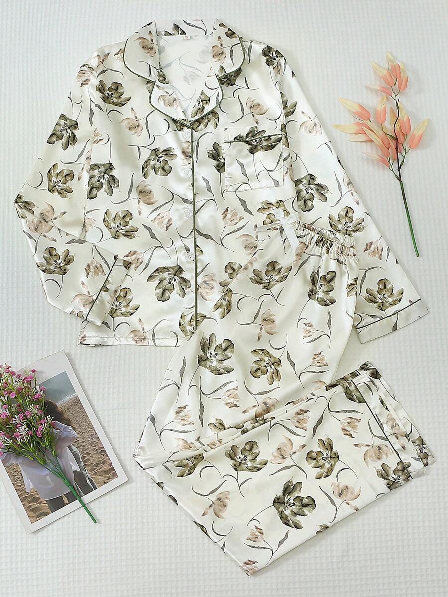 2pcs/Set Women's Satin Floral Print Long Sleeve Lapel Top And Pants Casual Pajamas Loungewear Set - Apricot - View 1