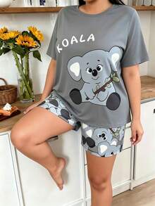 女款大尺碼卡通動物印花居家服，短袖短褲睡衣套裝，寬鬆舒適休閒，適合夏季 - 灰色 - 查看 2
