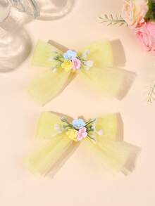 2pcs Floral Tulle Hair Bows For Girls,Flowers Hair Clips,Casual Hair Barrettes For Teens Holiday Beach Essentials Party Gifts Hair Accessories - Multicolor - View 8