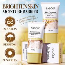 1 pieza Protector solar hidratante de ceramida de arroz, SPF50+PA++++, loción aislante sin aceite, hidratante y iluminador, reparación de la barrera cutánea, resistente al agua y protección UV, primer protector solar, 50g, adecuado para uso diario al aire libre - Amarillo - Ver 4