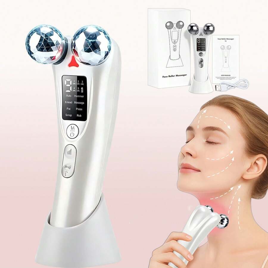 Facial Roller Massager, Double Chin Beauty Roller Tool, 3D Roller Body Massage Tool, Vibrating Beauty Tool, USB Rechargeable, With 8 Care Modes, Automatic Shut-Off Protection, Suitable For Office/Home Use And Travel