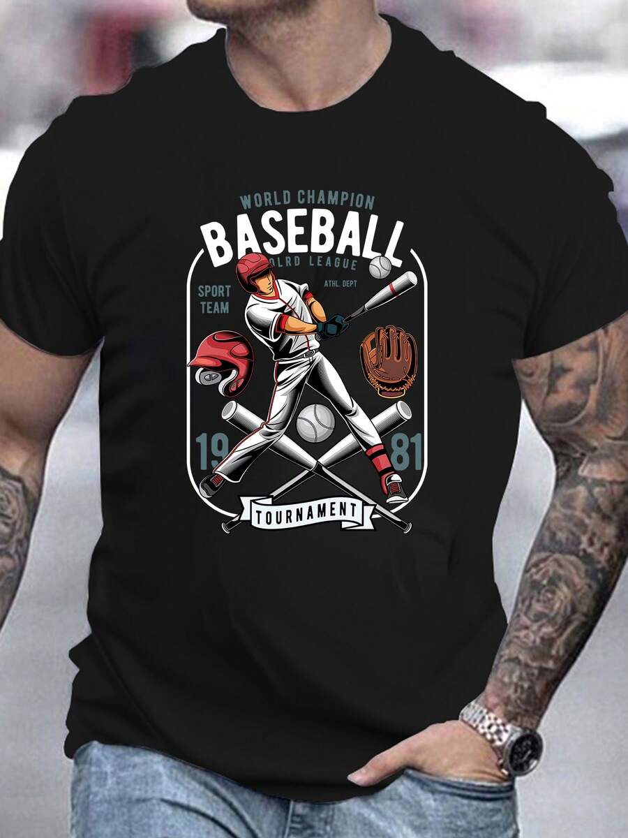 T-shirt à manches courtes en pur coton pour hommes, style décontracté oversize, imprimé baseball graphique, top de style sportif d'été - Noir - Voir 1