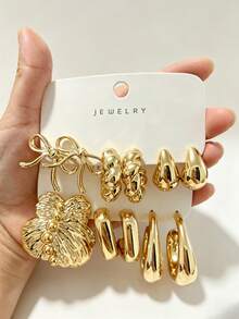 6/12/18pcs/Set Gold Stud Earrings, Floral & Geometric Mixed Pattern Metal Earrings Set, Pendant Earrings, Vintage Women's Earrings - Gold - View 4