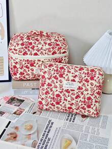 1 Stück/Set rote gesteppte Blumen-Make-up-Tasche mit großer Kapazität, Kosmetik-Aufbewahrungstasche mit Boho-Muster, Make-up-Pinsel-Organizer, Make-up-Box, Kulturbeutel, Strandurlaub, Abschlusszeit, Schulanfang, Reiseessentials, Zimmer, Badezimmer, Feiertagsgeschenk - Rot - Übersicht 12