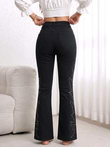 Women's Black Mid-To-High Waist Flared Jeans, Heavy Rivet Geometric Pattern Decorated Slim Fit Stretch Bell Bottom Pants, Fashionable Autumn New Clothing - Black - View 6