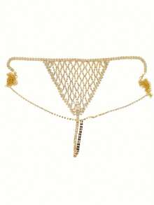 Sexy Mesh Rhinestone Bikini Set, Bling Crystal Embellished Bra And Shorts For Nightclub, Evening Party And Dance - Golden - View 3