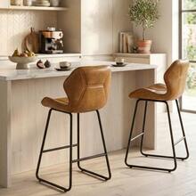 Set Of 2 Faux Leather Bar Stools, Modern Bar Chairs With Backrest, Metal Frame And Footrest, For Kitchen, Counter, Bar And Dining Room, Cognac Brown - 棕色 - 查看 6