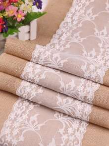 1 Stück Tischläufer-Set aus Jute und Spitze - 100% gewebter Jute-Stoff, quadratisch, rustikaler Landhausstil, geeignet für Hochzeit, Thanksgiving, Weihnachtsfeier Dekoration - Hellgelb - Übersicht 5