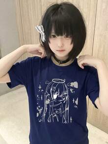 Y2K夏季新款圓領上衣 休閒寬鬆 動漫女孩印花圖案 甜美日系風格 Y2K學院風 百搭學生女款短袖T恤 - 藏藍 - 查看 5