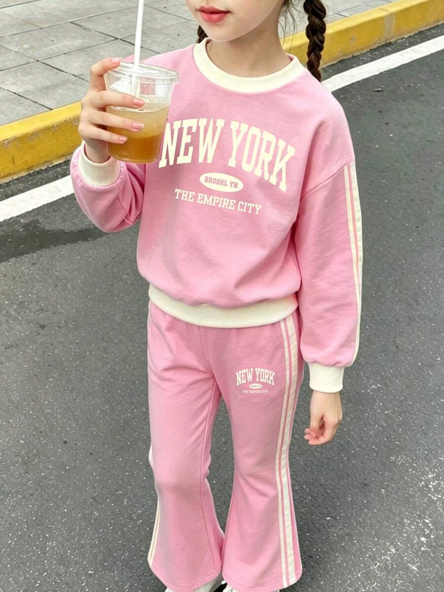 Young Girl Casual Minimalist Pink Mini Cartoon Pattern Colorblock Cream Apricot Striped Short Sleeve Crew Neck Long Sleeve And Pants Set - Pink - View 1