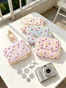 Strawberry & Plaid Print Quilted Cosmetic Bag Portable Sanitary Napkin Organizer With Keyring Cute Mini Storage Bags Heart Pattern Coin Purses Pouch - Multicolor - View 3