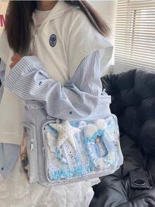 1件日式軟妹清新百搭女款單肩包，高品質尼龍材質搭配滿版星星印花，蕾絲飾邊增添優雅細節，2D JK 動漫展 DIY 透明裝飾包，雙側口袋透明層日常休閒大容量托特包，輕量學生書包，可愛甜美風格女包，尼龍防水布料 Ita 包，適合展示動漫周邊、動漫展、購物、派對、旅行 - 藍色 - 查看 3