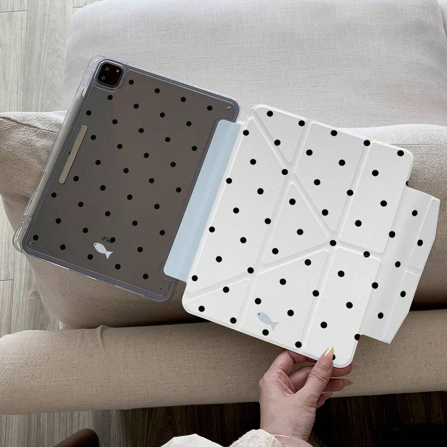 Korean Style Ins White Polka Dot Little Fish Tablet Protective Case Compatible With Apple 11th Gen, Minimalist 10th Gen Tablet Protective Case With Pen Slot, Air 82026 New Pro 11, Fashion Mini 7, Cute Air 7/6, Anti-Bend 11 Inch Tablet Protective Cover For Girls And Boys - White - View 1