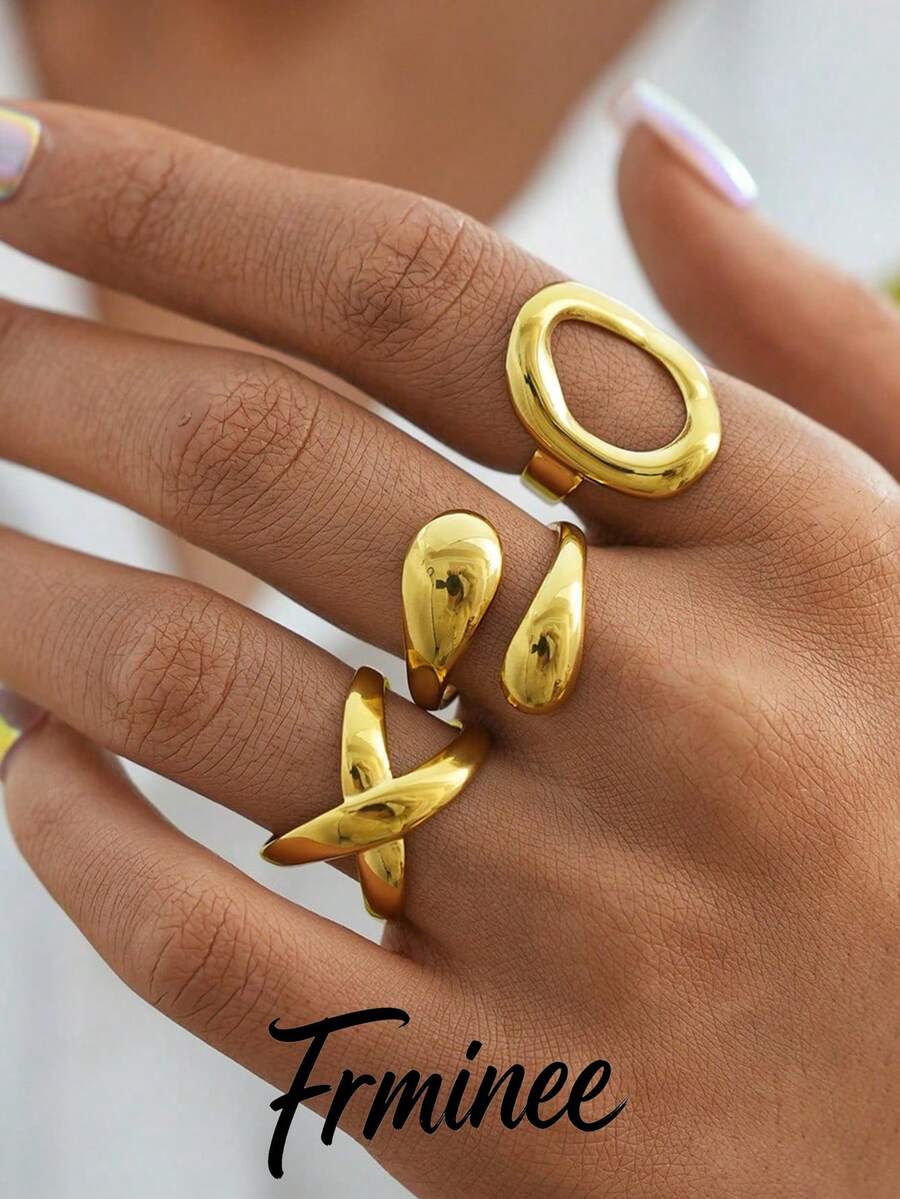 Frminee 3件套 时尚、简约、优雅、独特、精致、高端18K镀金不锈钢几何戒指套装，女士日常佩戴饰品，适合日常佩戴和送礼。