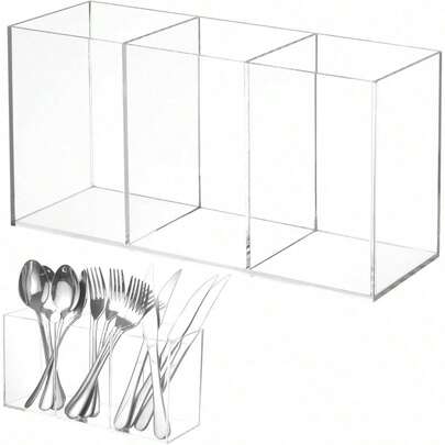 2-Pack 3-Compartment Acrylic Cutlery Caddy | Clear Utensil Organizer For Kitchen Countertop, Modern Silverware Holder For Spoons, Forks & Knives, Party & Entertaining Must-Have