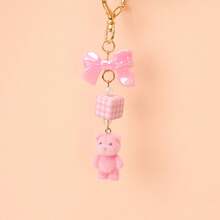 1pc Women's Flocked Cartoon Pink Bear Keychain Bow Plaid Square Pendant Accessory Cute Adorable Earphone Bag Key Charm - Pink - View 5