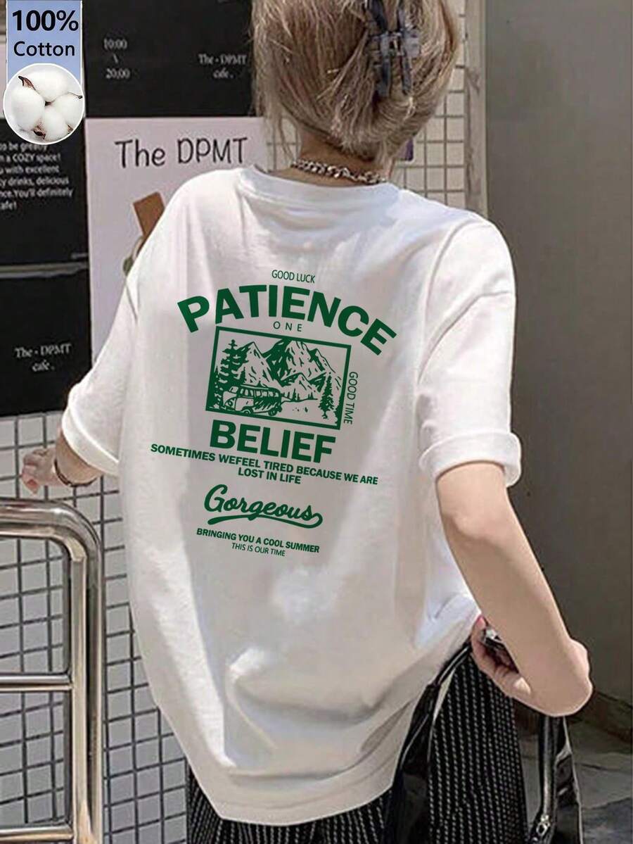 Women's Fashion Casual Round Neck Loose Fit Letter Slogan Print Short Sleeve T-Shirt, Spring/Summer White - White - View 1