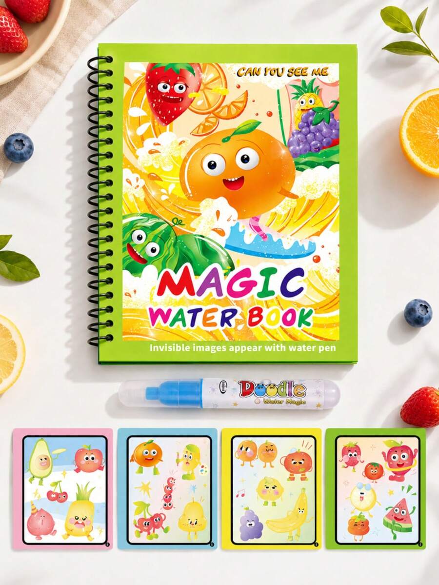1pc Fruit Cartoon Magic Water Painting Book, Reusable Water Doodle Book With Water Pen, Mess-Free Preschool Early Education Toy Gift, Suitable For Children - Multicolor - View 1
