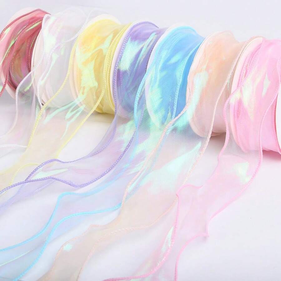 50yd/40yd/10yd 4cm Wide Iridescent Gradient Fish Tail Tulle Ribbon, Flowing Ruffle Wave Edge Chiffon Ribbon, Easy To Cut And Shape DIY Hair Accessories Bows Cake Trim Bouquet Gift Wrapping Wedding Birthday Party Decoration Supplies
