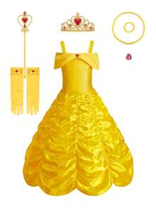 8pcs Girls Yellow Sleeveless Ruffled Full Skirt Dress, Crown, Magic Wand, Necklace, Bracelet, Gloves Costume Set, Children Role Play Outfit For Party, Birthday, Christmas, Carnival - Yellow - View 14